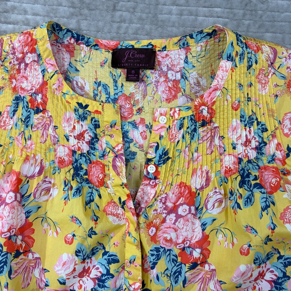 J.Crew Liberty Fabric Floral Pintuck Blouse Yellow Pink Cotton Size 8 - Picture 11 of 11